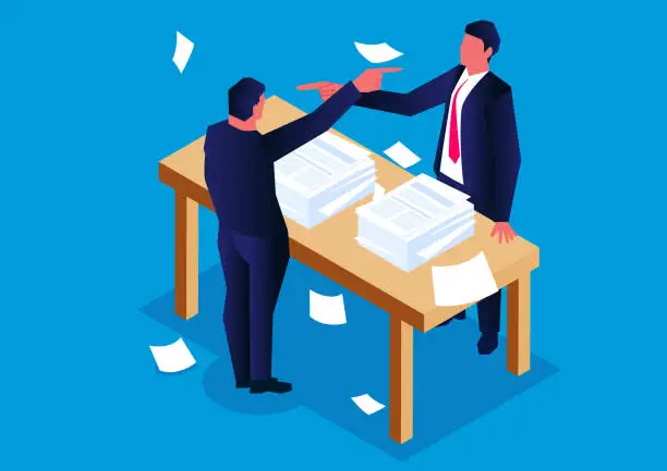 Vector illustration of Two businessmen quarreling and accusing each other at isometric desk