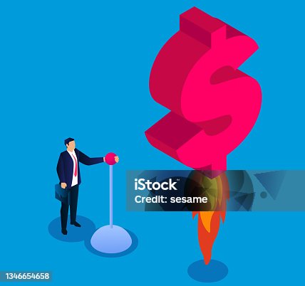 istock Businessman control the joystick to launch the dollar sign to take off 1346654658