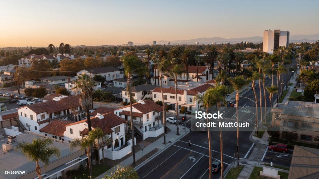 Santa Ana, California Sunset aerial view of the urban core of downtown Santa Ana, California, USA. Santa Ana - California Stock Photo
