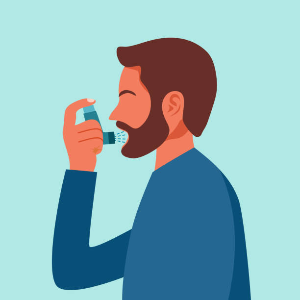 Man using asthma inhaler against allergic attack in flat design. vector art illustration