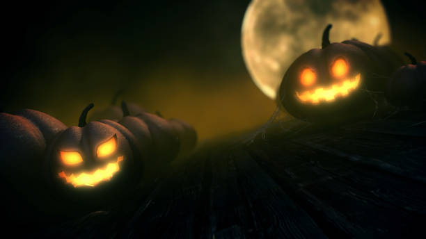 istock Jack o lantern face with full moon night, 3d rendering Halloween background 1346656686