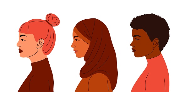 girls of different nationalities in profile. cartoon style