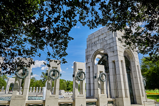 Washington DC, USA-August 19, 2021: World War II Memorial on the Pacific Side Entrance