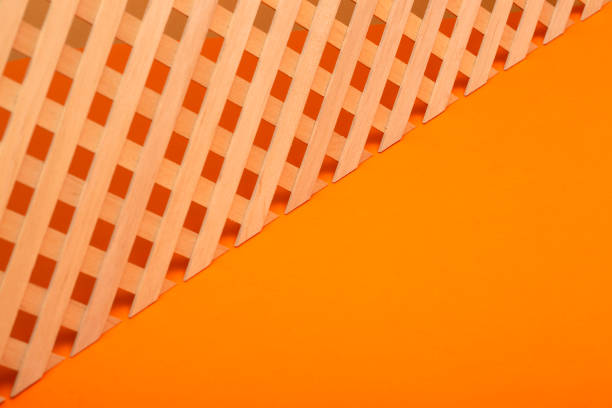 istock Abstract background with wooden grid and orange leaf 1346660873