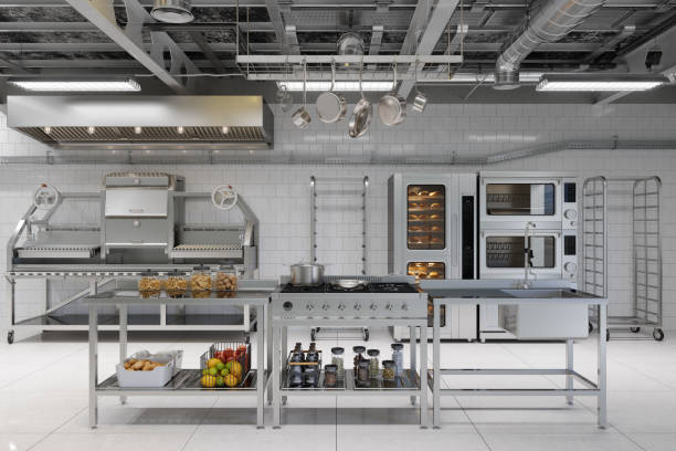 vue de face de l’intérieur de la cuisine industrielle moderne avec ustensiles de cuisine, équipement et produits de boulangerie - cuisine professionnelle photos et images de collection