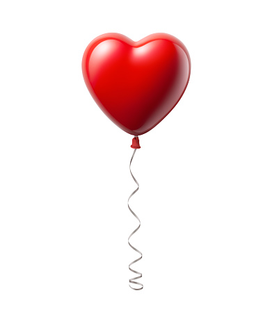 Red heart shaped balloon with ribbon isolated on a white background.