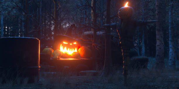 istock Halloween pumpkin and scarecrow old backgrounds 1346666529