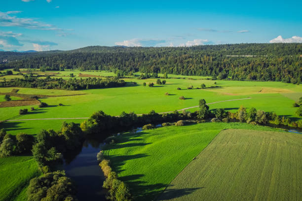 vista aérea da unica ou rio unec no campo de planinsko polje no final do verão. campos verdes e florestas vistas de cima. - planinsko polje - fotografias e filmes do acervo