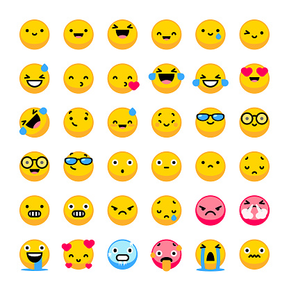Vector illustration of a collection of 36 cute emoticons. Cut out design elements on a white background and global colors for easier editing. Great for social media, online messaging, global communications and human emotions.