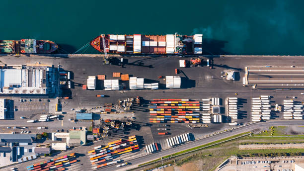 istock High angle shot of cargo being transported by ship in a harbour 1346669359