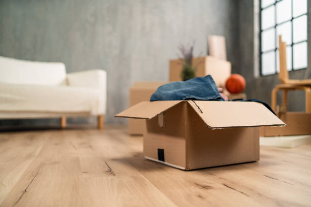 istock Empty living room with cardbord boxes already packed, moving home concept. 1346674799