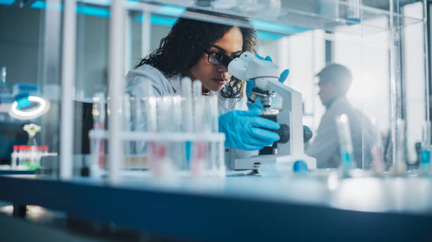 medical science laboratory: portrait of beautiful black scientist looking under microscope does analysis of test sample. ambitious young biotechnology specialist, working with advanced equipment - lab imagens e fotografias de stock