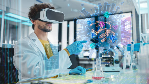 Futuristic Medical Research Laboratory: Research Scientist Wearing Virtual Reality Headset, Does Augmented Reality Research of Bacteria Genome, Using Gestures. AI Biotechnology Research in Progress laboratorio de investigación médica futurista: científico investigador con auriculares de realidad virtual, realiza investigaciones de realidad aumentada del genoma de las bacterias, utilizando gestos. investigación en biotecnología de ia en curso