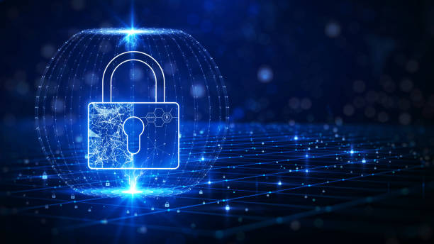 istock Cybersecurity and privacy protection are concepts in computer technology. The padlock is inside a transparent shield on the left-hand side. against a dark blue background. 1346676529