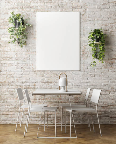 istock Dining room with mock-up poster on brick wall,. 1346676813