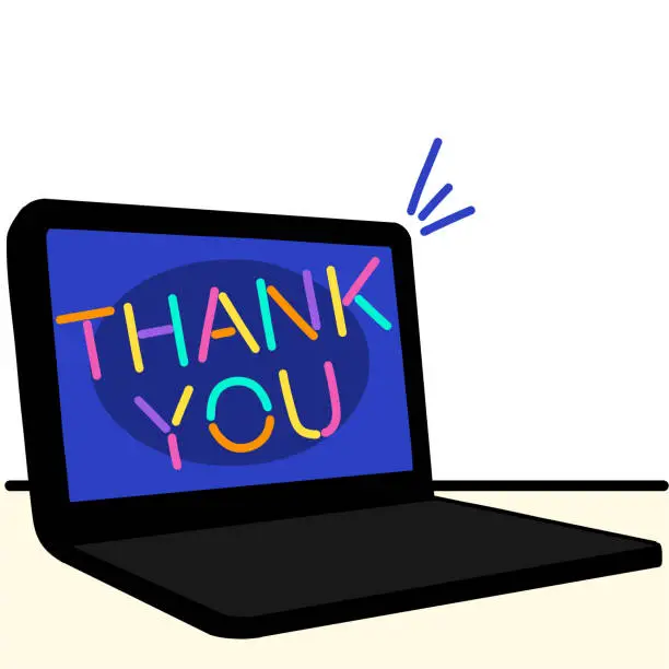 Vector illustration of Thanks text on laptop screen