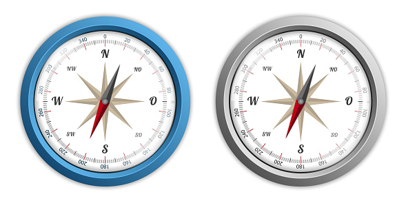 Realistic Compasses - Blue And Silver Metallic Vector Illustrations - Isolated On White Background