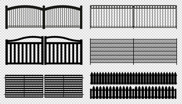 zaunpaneele - verschiedene silhouetten - vektorillustrationen - isoliert auf transparentem hintergrund - iron fence stock-grafiken, -clipart, -cartoons und -symbole