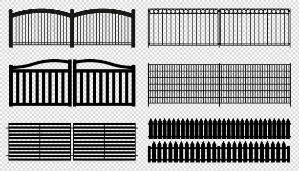 ilustraciones, imágenes clip art, dibujos animados e iconos de stock de paneles de valla - diferentes siluetas - ilustraciones vectoriales - aislado sobre fondo transparente - iron fence