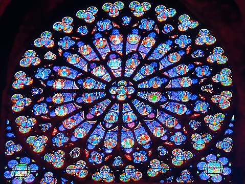 Stained glass window of the Cathedral of Our Lady of Chartres, known as the rose window of the last judgment