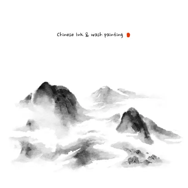 Vector illustration of Hand-drawn Chinese ink wash painting of clouds and mountains.
