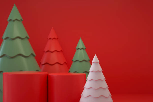 istock Empty product podium, platform, stand, exhibition with Christmas tree, new year concept, red background 1346687920