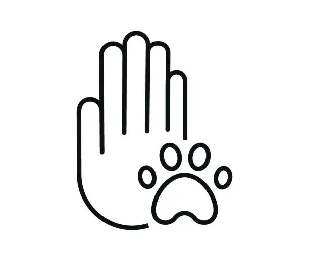 Vector illustration of Human hand palm with dog or cat paw print symbol. Veterinary pet care, shelter adoption or animal charity design element.