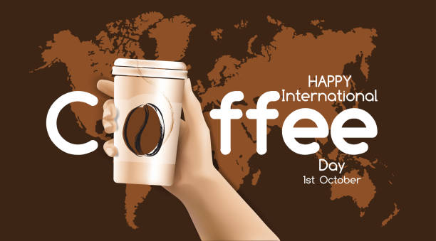 3d hand holding  paper cup _ World Coffee Day banner vector art illustration