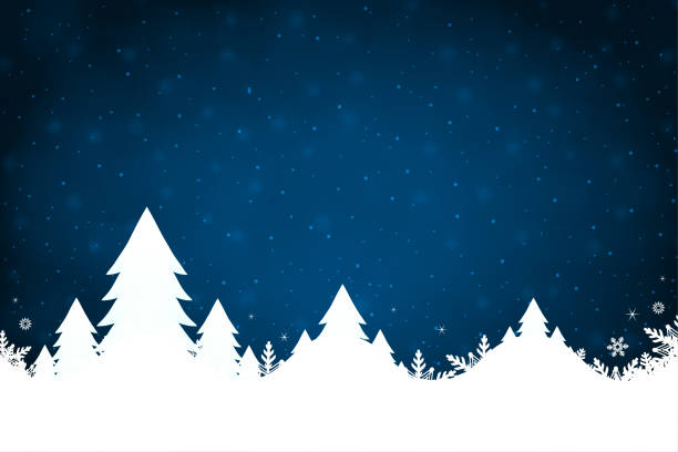 A midnight blue coloured creative merry christmas and New Year festive vector design, with white Xmas coniferous trees in a row in glittery snow A horizontal vector illustration in dark blue colour with five shining white tall trees overlapping over a snowing backdrop and glittering snowflakes at the base. Apt for use as Xmas wallpaper, poster, gift wrapping paper sheets, posters and Greeting Cards. dark blue night stock illustrations