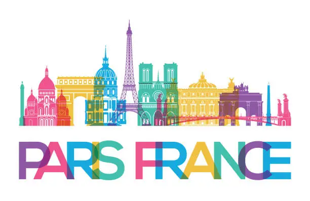 Vector illustration of Paris France Iconic Travel Landmarks and Monuments Risograph Overprint Design