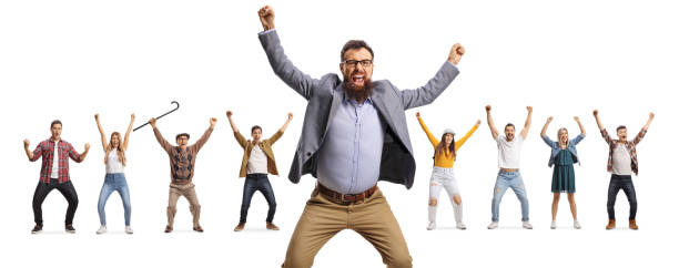 istock Bearded man and young and elderly people gesturing happiness 1346691720