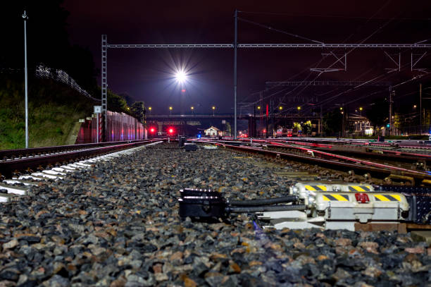 istock Inside of electric train railroad at night. 1346691779