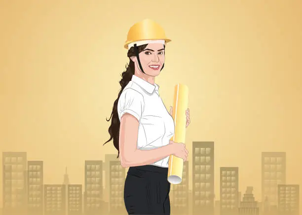 Vector illustration of Female architect at construction site