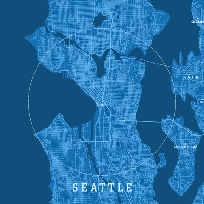 Seattle WA City Vector Road Map Blue Text. All source data is in the public domain. U.S. Census Bureau Census Tiger. Used Layers: areawater, linearwater, roads.