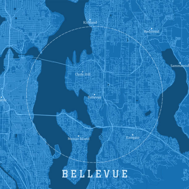 ilustraciones, imágenes clip art, dibujos animados e iconos de stock de bellevue wa city vector road map texto azul - condado de king