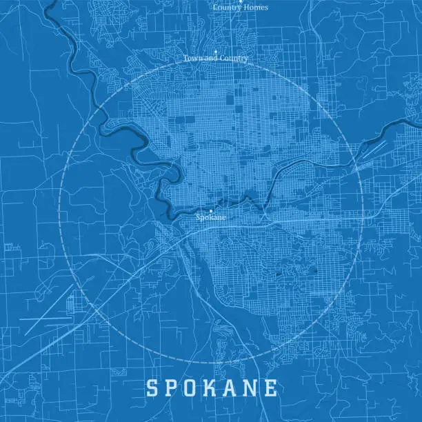 Vector illustration of Spokane WA City Vector Road Map Blue Text
