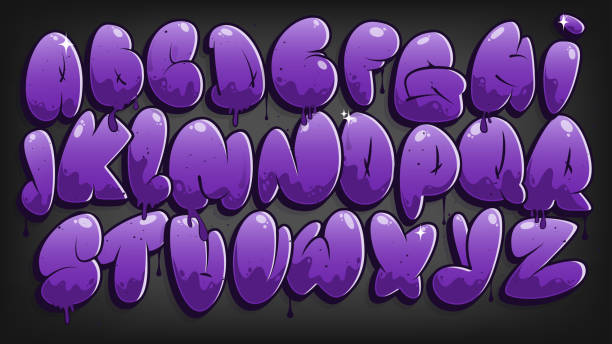 istock Graffiti alphabet. Bubble graffiti letters. Purple uppercase letters with drips, and spray effect. Graffiti font. 1346695223
