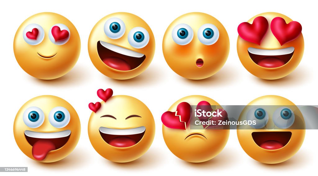  Ilustración de Emojis En El Conjunto De Vectores De Amor Personajes Emoji De Amor En 3d Con Elementos De Corazones En La Expresión De La Cara Sonriente Y Sonrojada Para La Linda
