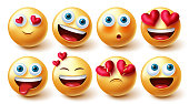 istock Emojis in love vector set. 3d love emoji characters with hearts element in smiling and blushing face expression for cute valentines emoticons graphic design collection. 1346696448
