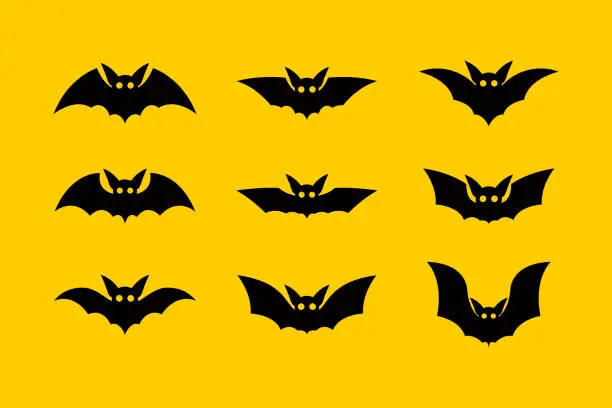 Vector illustration of Set of bat silhouettes. Happy Halloween.Bat icons.