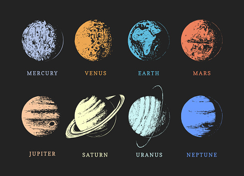 Solar system planets, hand drawn illustrations in vector. Eight planets of the Sun, color sketches set on black background. Astronomy design.