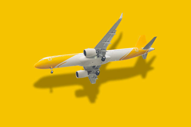 istock Airplane and reflection on pastel yellow background. 1346701345