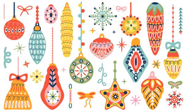 Cute christmas toys. Doodle crafting toy, xmas bauble. Craft decorations, fir tree branches. Art winter new year retro handcraft decent vector set. Illustration of christmas celebration toys
