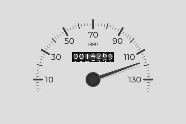 격리 된 속도계. 카 마일리지, 측정 킬로미터. 서클 속도 제어, 자동 또는 오토바이의 대시 보드 가속화, 최근 벡터 배경 - odometer stock illustrations