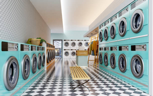Laundry shop interior with counter and washing machines.3d rendering Laundry shop interior with counter and washing machines.3d rendering laundry stock pictures, royalty-free photos & images