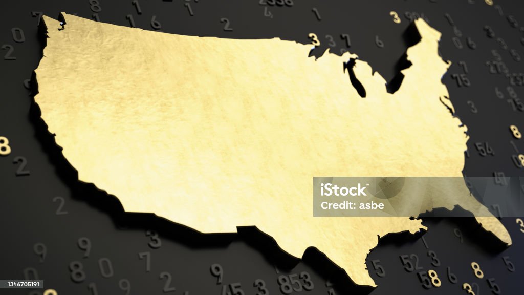 Golden USA Map on Black with Digits Golden USA Map on Black with Digits. 3d Render USA Stock Photo