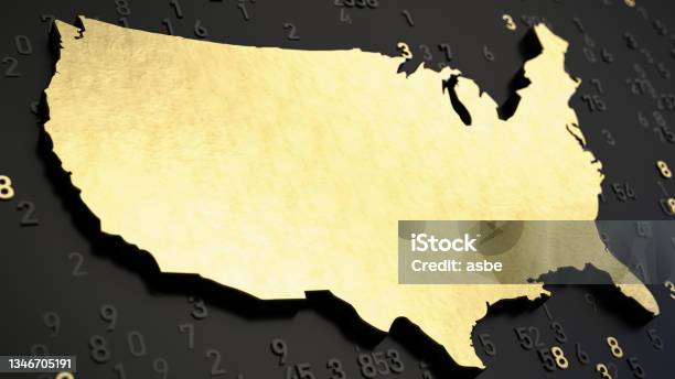 Golden Usa Map On Black With Digits Stock Photo - Download Image Now - USA, California, Gold - Metal