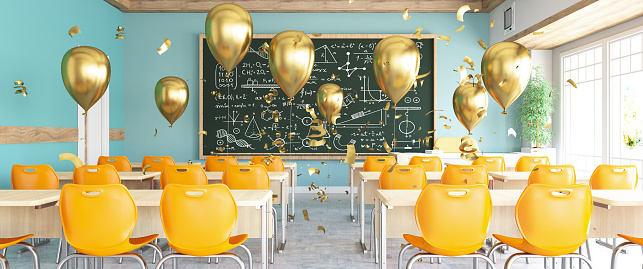 Celebration in Classroom with Balloons and Confetti. 3d Render