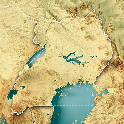 3D Render of a Topographic Map of Uganda. Version with Country Boundaries.\nAll source data is in the public domain.\nColor texture: Made with Natural Earth. \nhttp://www.naturalearthdata.com/downloads/10m-raster-data/10m-cross-blend-hypso/\nRelief texture: NASADEM data courtesy of NASA JPL (2020). URL of source image: \nhttps://doi.org/10.5067/MEaSUREs/NASADEM/NASADEM_HGT.001\nWater texture: SRTM Water Body SWDB:\nhttps://dds.cr.usgs.gov/srtm/version2_1/SWBD/\nBoundaries Level 0: Humanitarian Information Unit HIU, U.S. Department of State (database: LSIB)\nhttp://geonode.state.gov/layers/geonode%3ALSIB7a_Gen