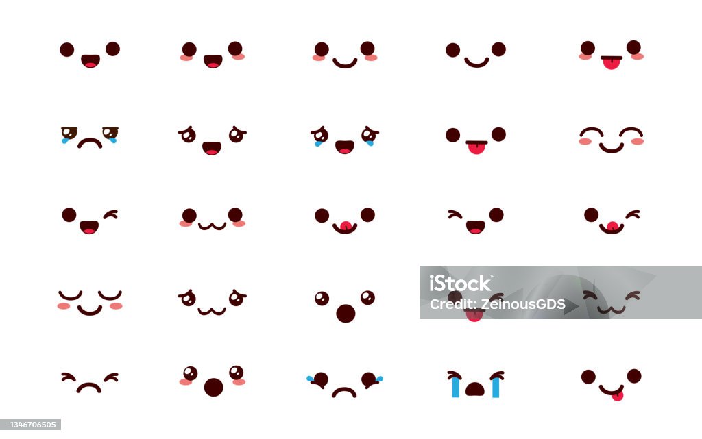  Ilustración de Emojis Kawaii Chibi Vector Set Emoticono Lindo Smileys Dibujos Animados En La Reacción De La Cara Feliz Y La Emoción Aislada En Fondo Blanco Para El Diseño De La Colección